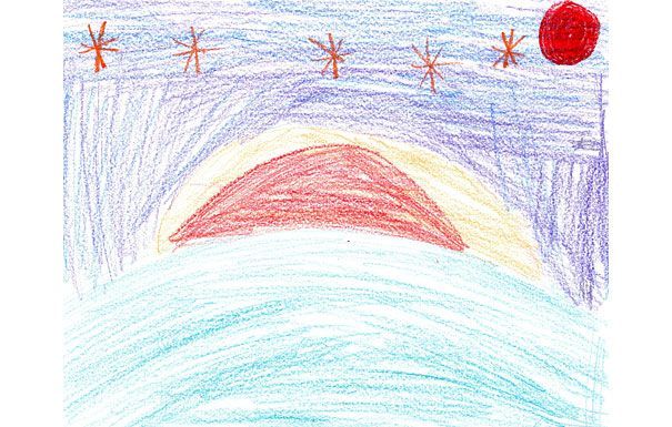 Child's drawing of a blue and purple night sky with orange stars, a red sun setting over a blue horizon, and a red ball.