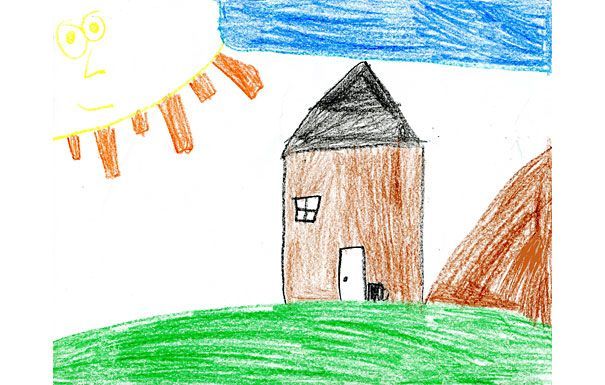 Child's drawing: brown house with black roof, small window, and open door, sunny day with green grass and brown hill.