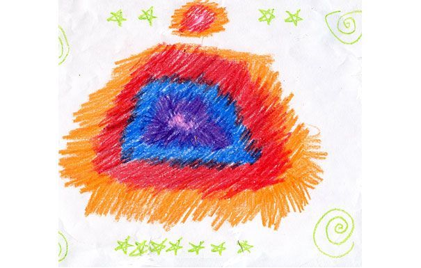 Colorful drawing of a layered shape, orange, red, blue, with a sun-like shape on top, and green stars.