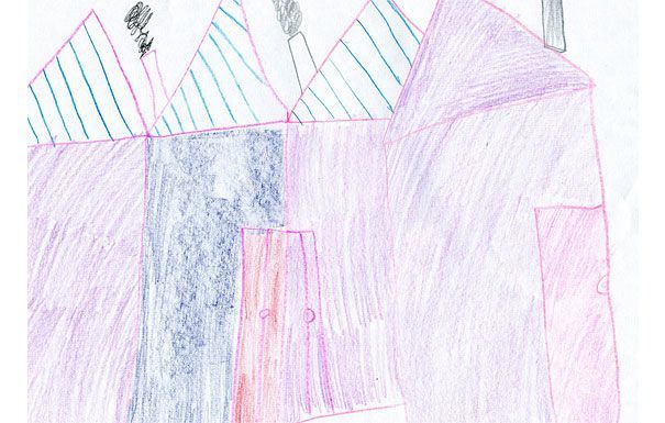 Purple building with blue and pink striped roofs.