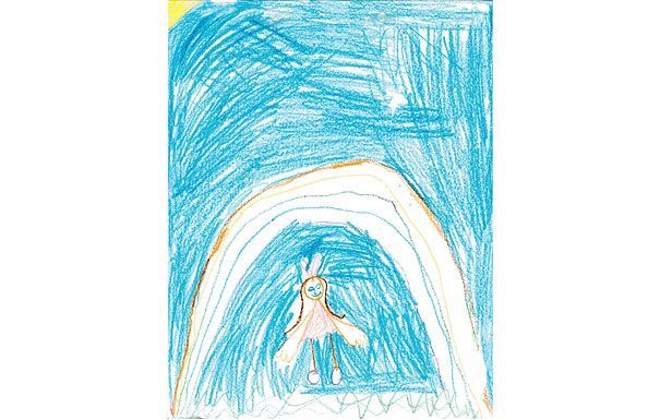 Child's drawing of a figure inside an arched opening, blue sky above, yellow sun in the corner.
