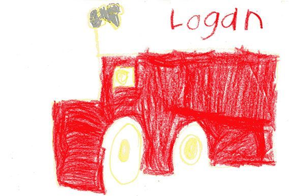 Red crayon drawing of a truck named Logan, with yellow wheels and a smokestack.