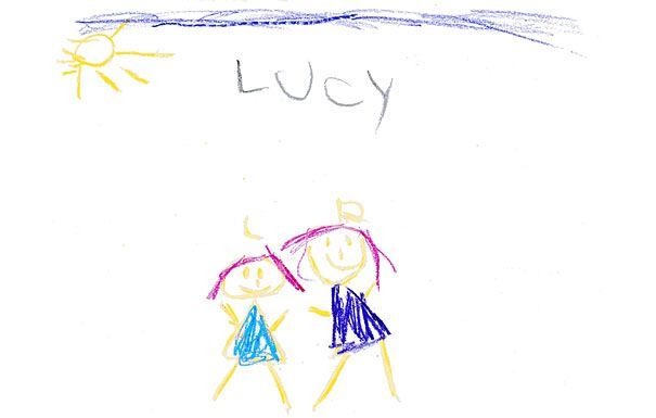 Two figures with pink hair and smiling faces; blue and purple dresses; sun, blue sky, name “Lucy.”