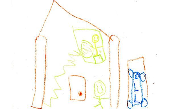 Child's drawing of a house with a person, car, and stairs in bright colors.