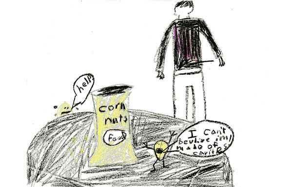 Person stabbed with a pencil, near a trash bag with a corn nuts bag and two talking corn nuts.