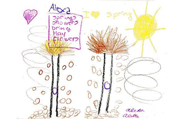 Child's drawing: brown trees, rain, yellow sun, heart, and text that says 