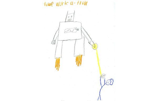 Robot holding a yellow beam, facing a stick figure with arms raised, possibly a battle scene.