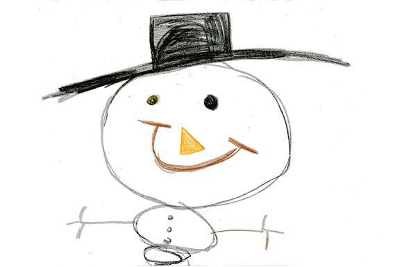 Snowman sketch with a black hat, orange nose, and smiling mouth.