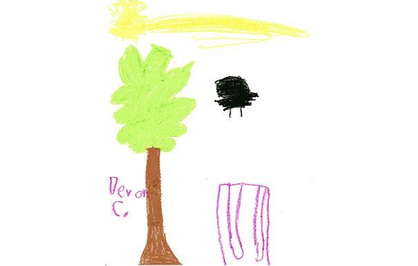 A child's drawing depicts a tree, a black shape, and a yellow sky. 