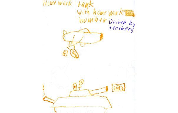 An orange drawing of a homework tank and an airplane with 
