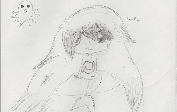Pencil sketch of a character with long hair, large eyes, and an octopus above her head.