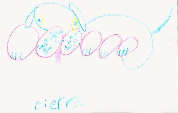 Blue crayon drawing of a dog with large pink paws and the name 
