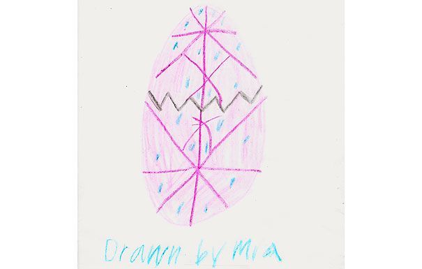Purple and blue crayon drawing of a tree-like shape with rain and zigzagging grey lines, signed 