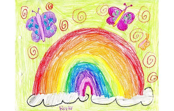 Colorful drawing of a rainbow, butterflies, and clouds on a green background.
