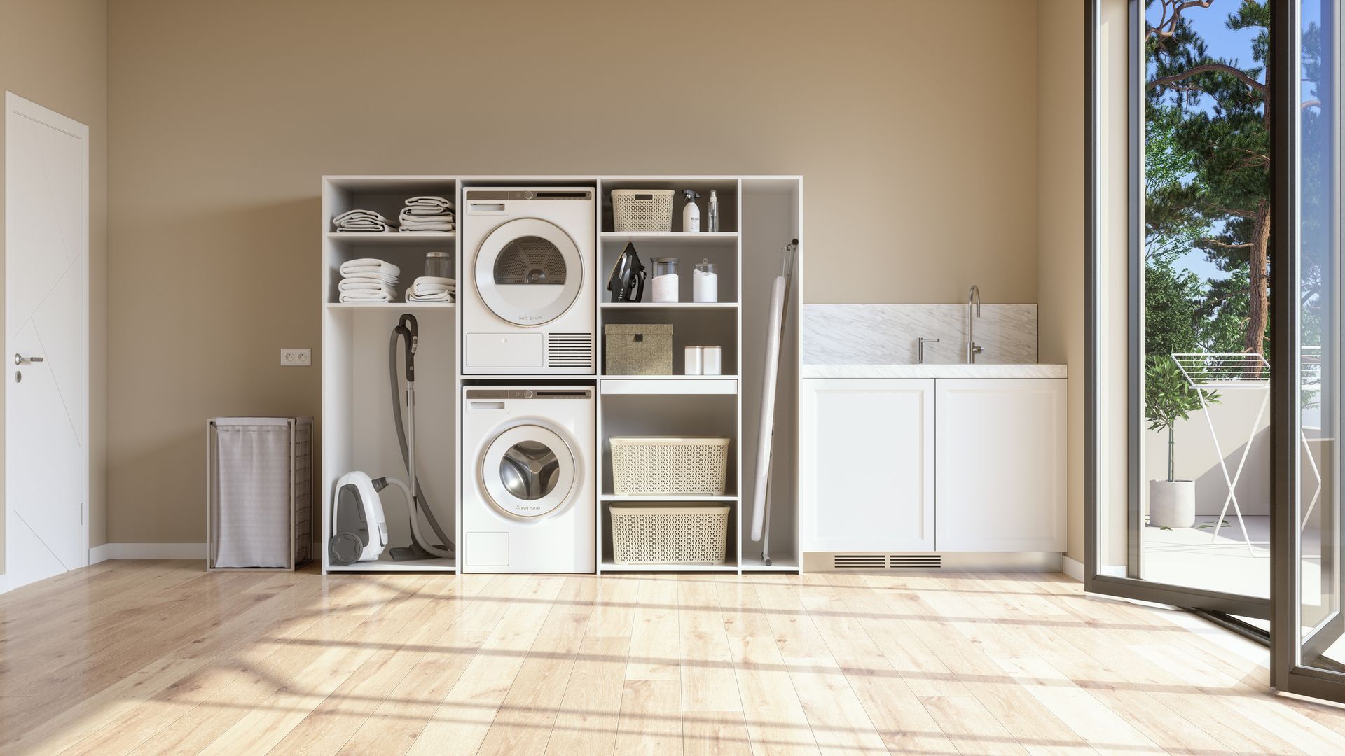 A laundry room with a washer and dryer stacked on top of each other.