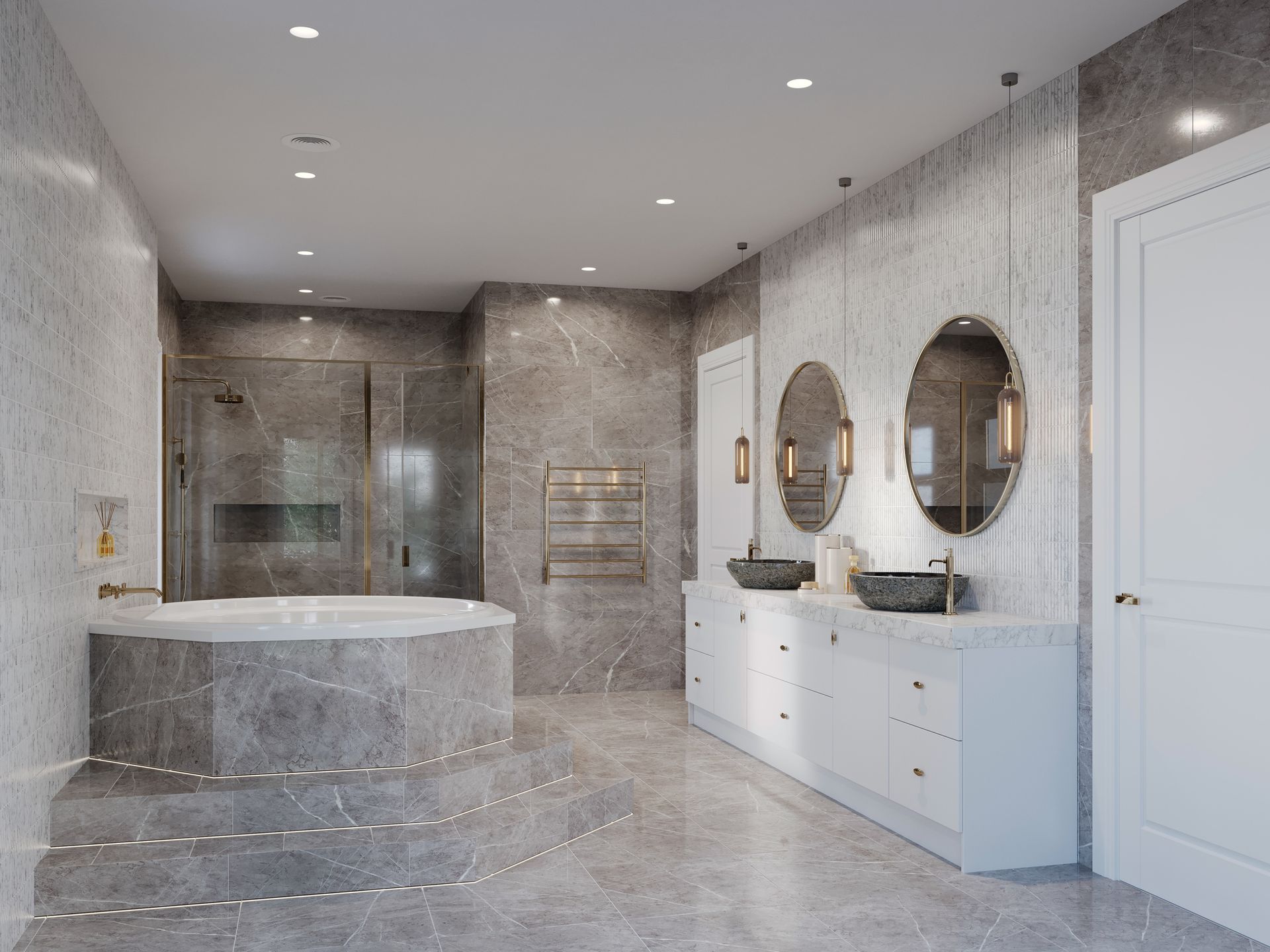 A bathroom with two sinks , a tub and a shower.