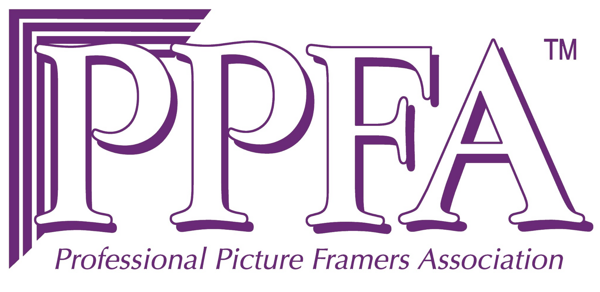 The logo for the professional picture framers association is purple and white.