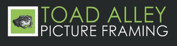 A logo for toad alley picture framing with a picture of a frog