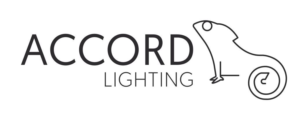 A black and white logo for accord lighting with a chameleon.