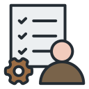 A person is standing next to a checklist and a gear.
