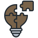 A light bulb with puzzle pieces coming out of it.