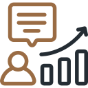 An icon of a person with a speech bubble and an arrow pointing up.