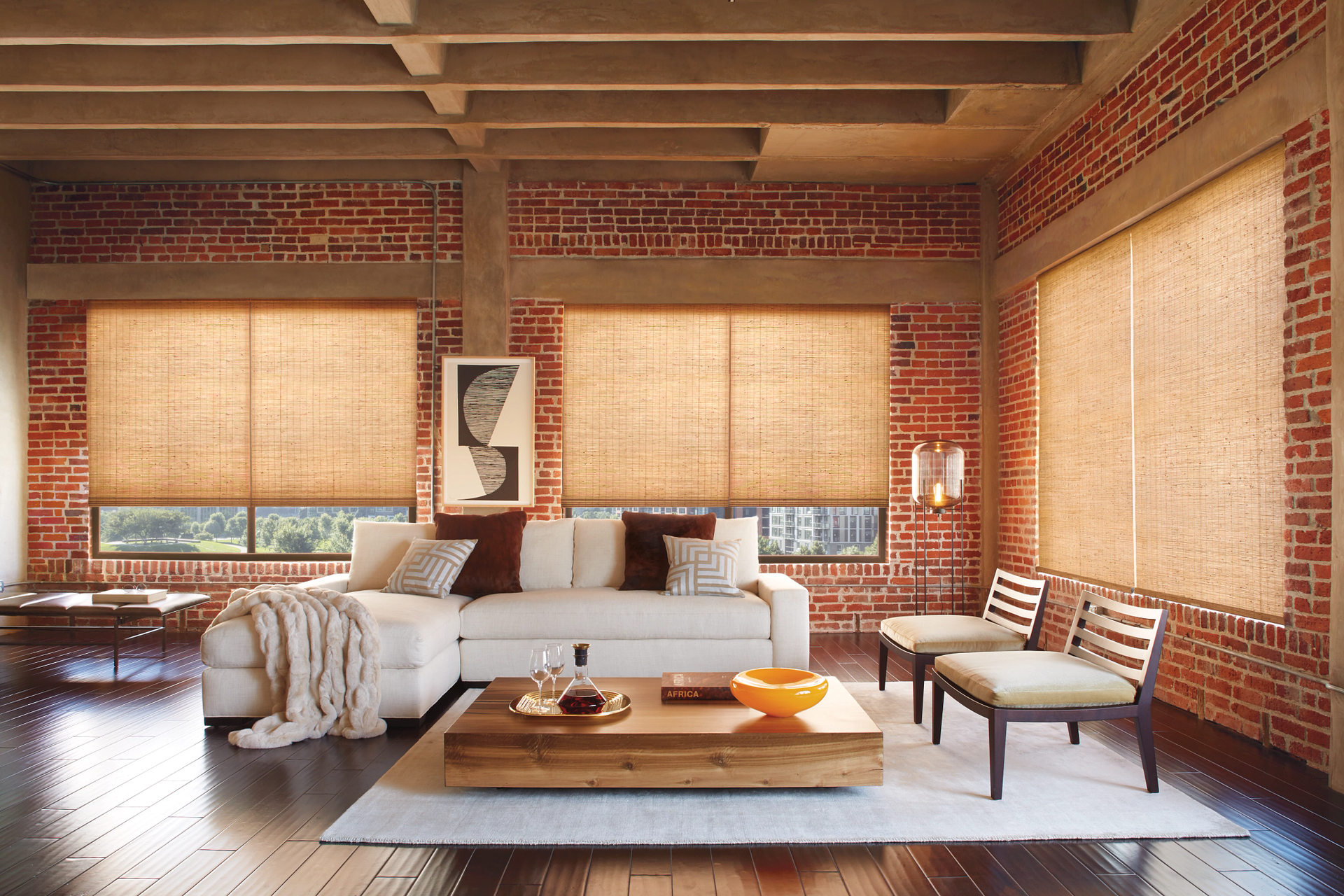A contemporary loft apartment featuring woven wood shades near Hopkins, MN.