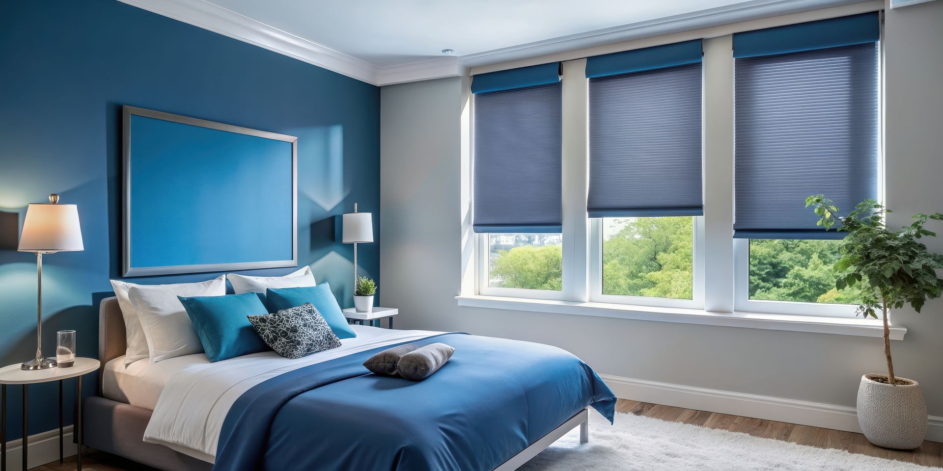 A modern bedroom features a blue accent wall, a bed with blue bedding, and a large window with blue cellular shades.