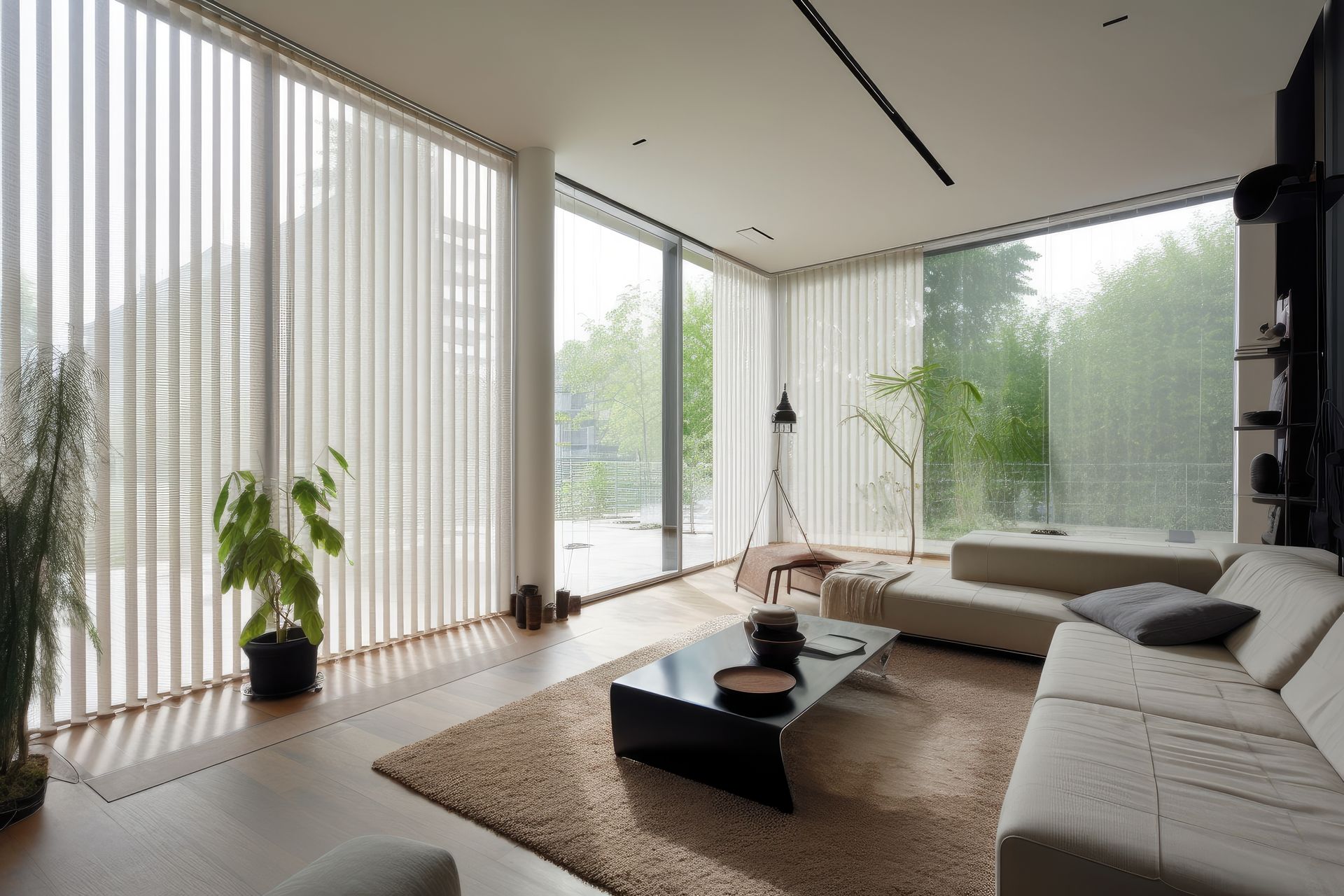 A bright, modern living room with large windows, vertical blinds, a light beige sofa, a coffee table, and a rug.
