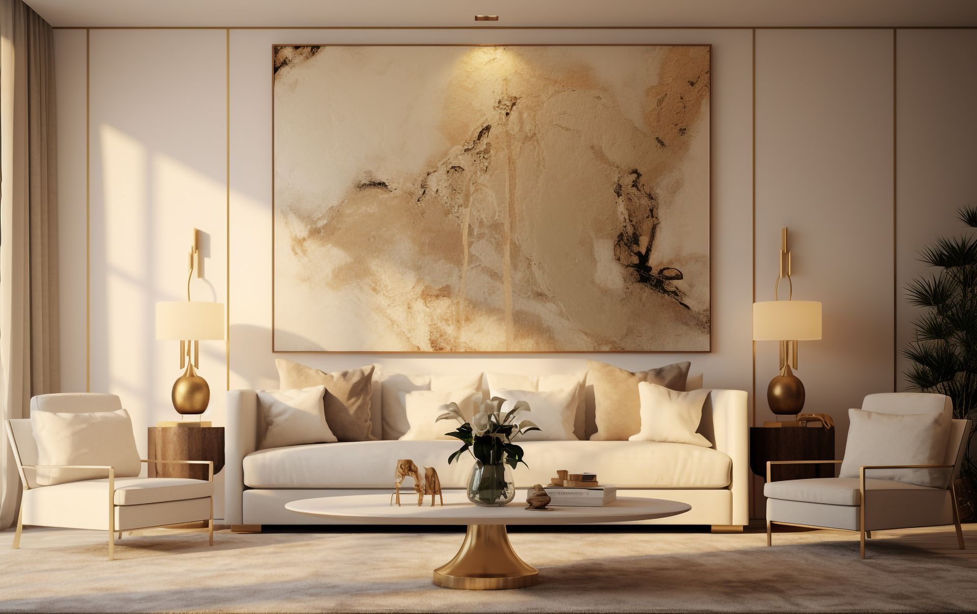 A beige and gold living room featuring a long sofa, two armchairs, a central coffee table, and large abstract art on the wall.