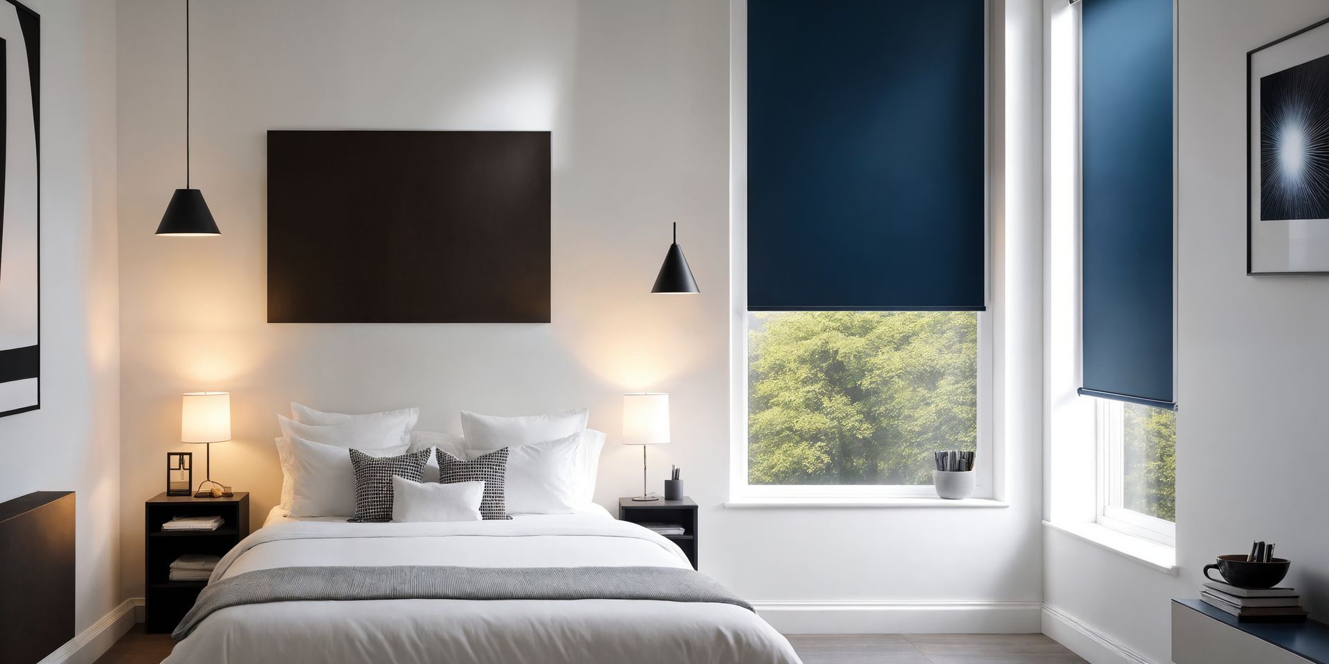 Modern bedroom with a central bed, dark wall art, pendant lights, and dark blue roller shades on two windows.