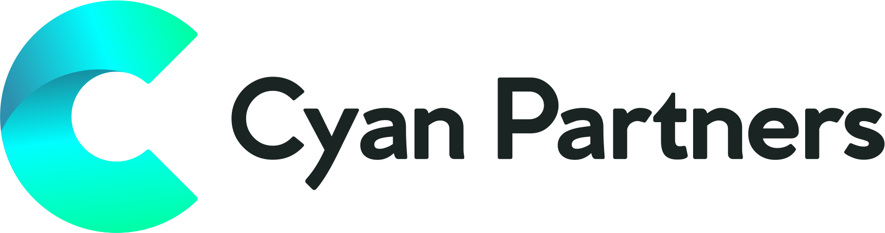 A logo for a company called cyan partners with a blue c on a white background.