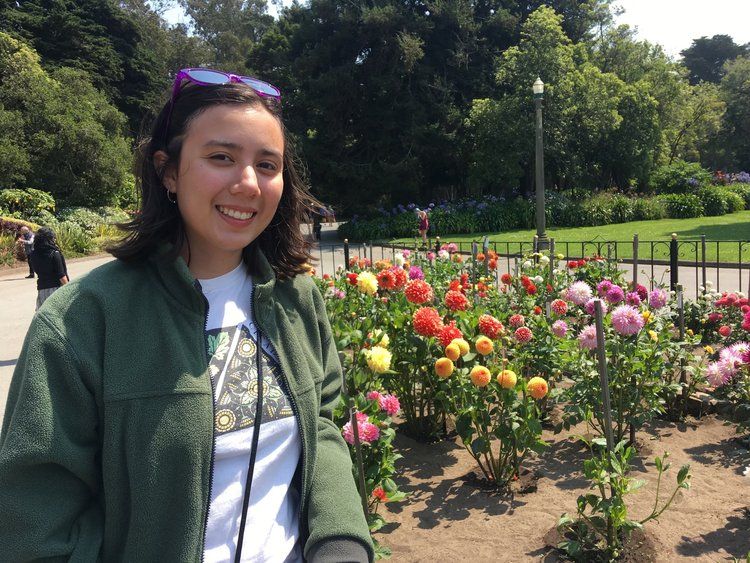 A woman in a green jacket is standing in front of a garden of flowers