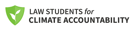 A logo for law students for climate accountability with a green shield.