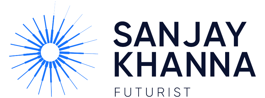 The logo for sanjay khanna futurist is a blue sun with rays coming out of it.