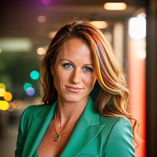 The woman is wearing a green jacket and a necklace.