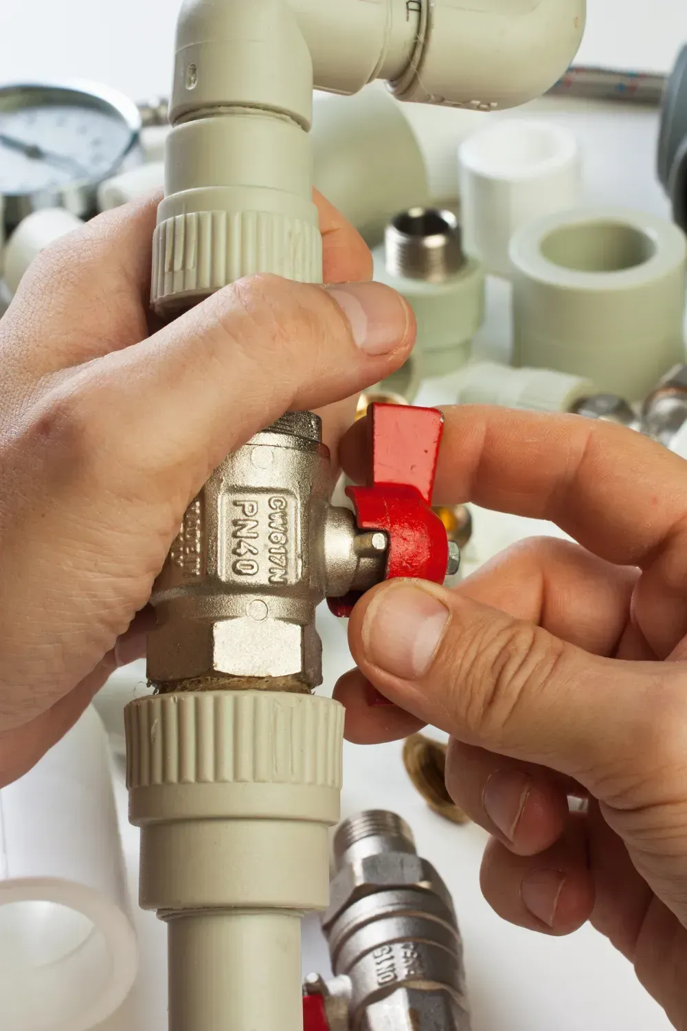 Hands adjusting a red-handled valve on white plumbing pipes, surrounded by various fittings.
