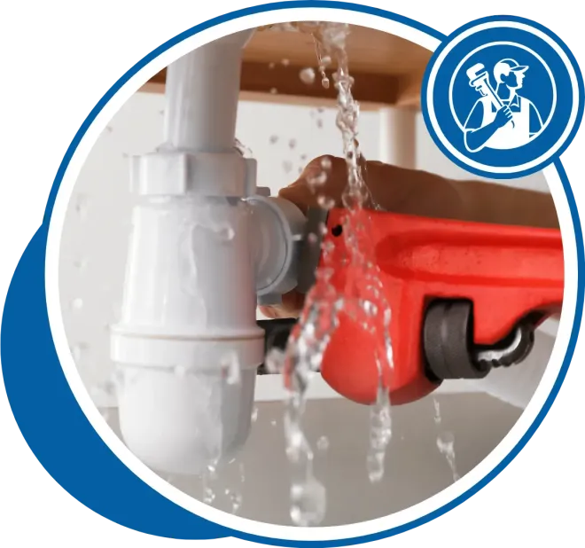 A technician kneels, inspecting a hose near a washing machine. Red circle with a gear icon.