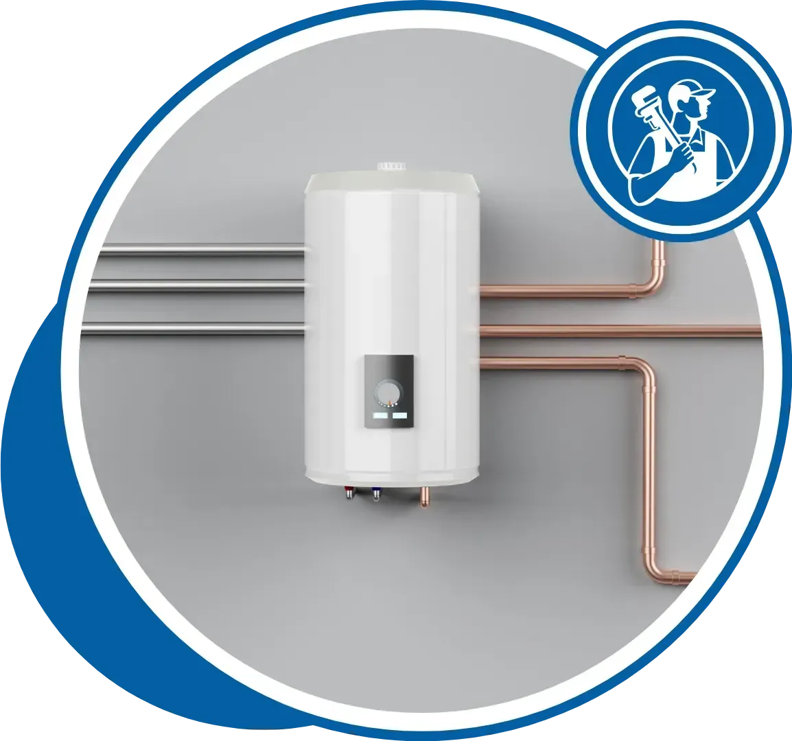 White water heater mounted on a gray wall with copper and gray pipes. Blue and white handyman icon.