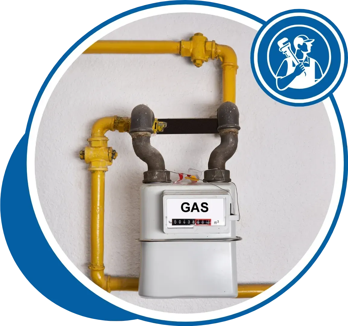 Gas meter with yellow and gray pipes on a white wall. A plumber logo in a blue circle is in the corner.