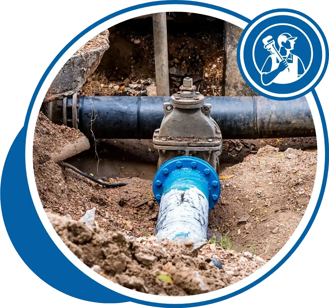 Pipe repair: blue and black pipes connected, in dirt, with a plumber's icon in the corner.