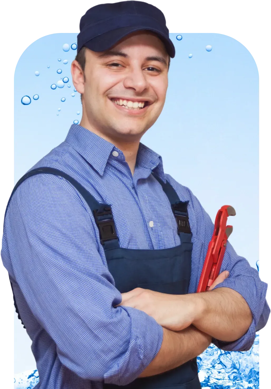 Smiling plumber in blue uniform, holding a red wrench, against a watery background.
