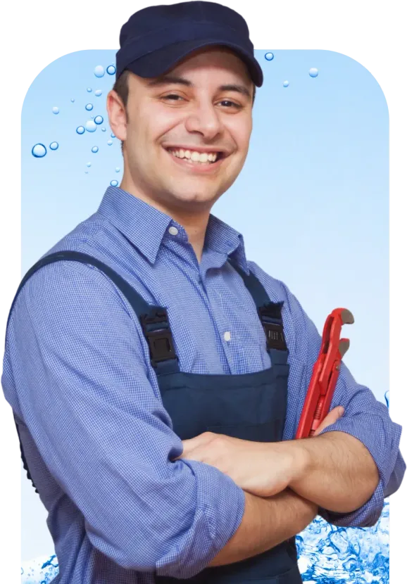Smiling plumber in blue uniform, holding a red wrench, against a watery background.