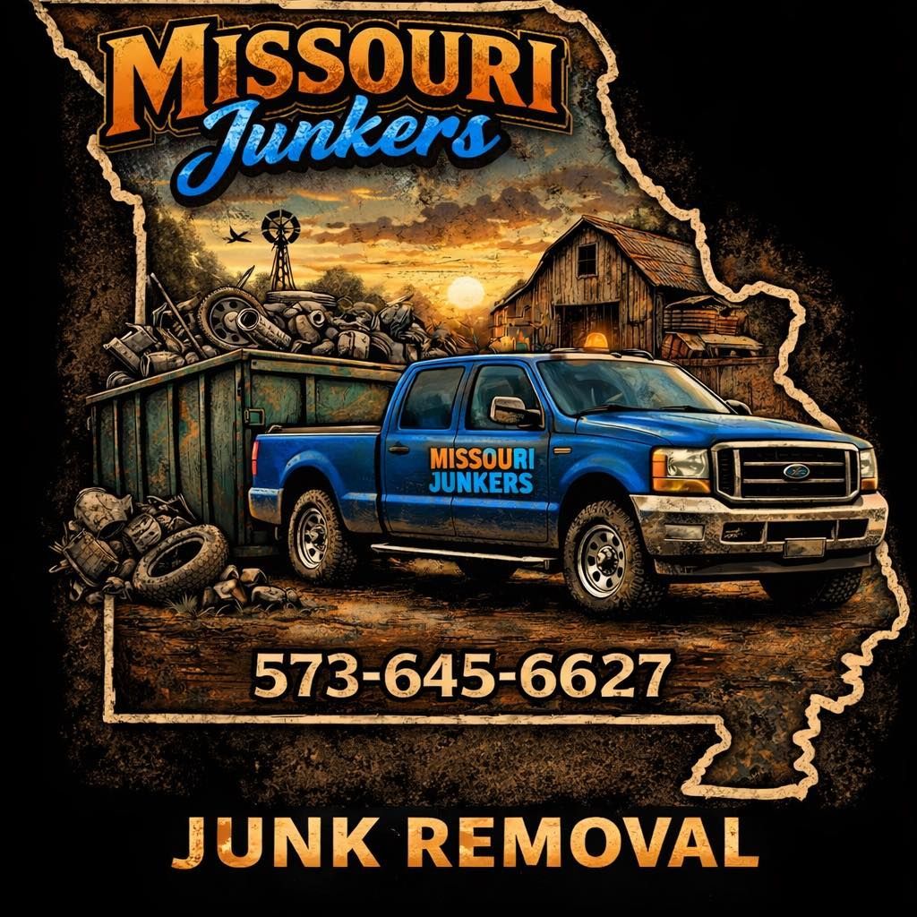 "Missouri Junkers" logo with a blue truck, dumpster, and barn on a Missouri map shape, featuring the phone 573-645-6627.