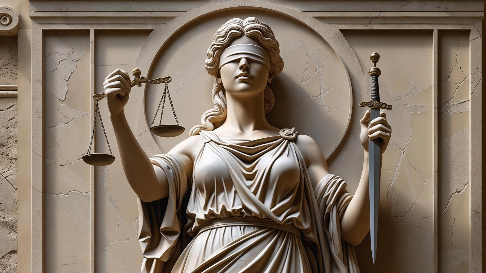 Statue of Lady Justice with blindfold, scales, and sword, set in a building facade.