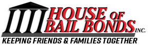 Logo for House of Bail Bonds, Inc., with pillars and red text, 