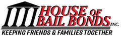 Logo for House of Bail Bonds, Inc., with pillars and red text, 