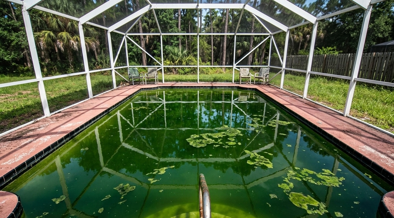 Dirty backyard swimming pool filled with green algae.
