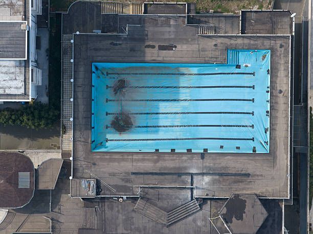 Drone shot of a commercial pool being serviced.