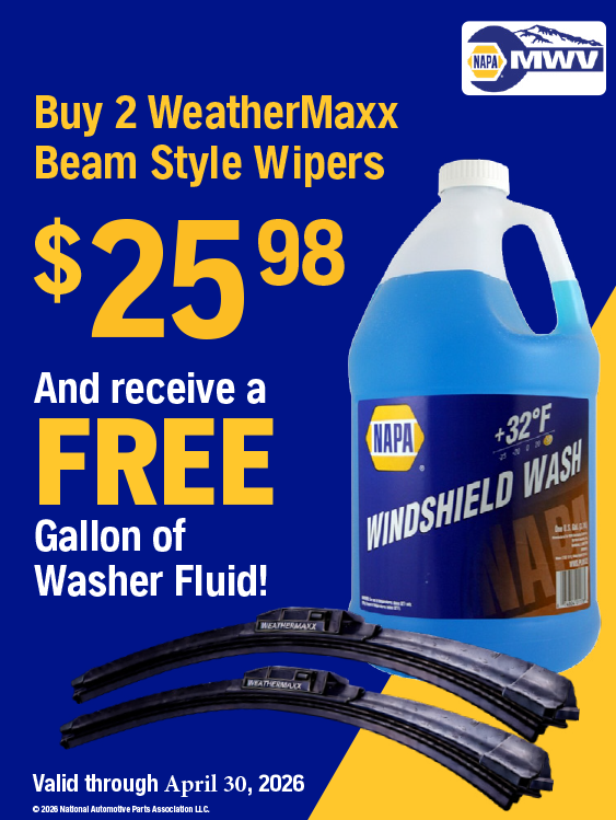Promotional flyer for two NAPA WeatherMaxx beam style wipers for $25.98 with a free gallon of NAPA windshield washer fluid.